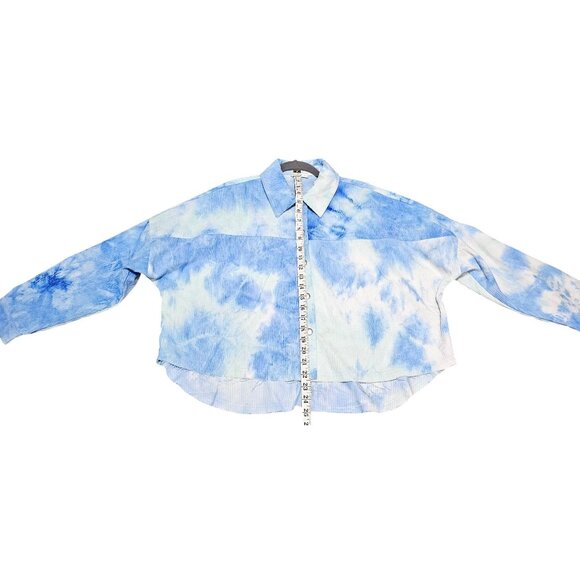 Tie-Dye Blue & White Corduroy Button-Up Crop Jacket With Frayed Hem Medium By - Picture 8 of 9